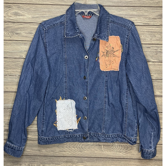 AGAPO Vintage Denim Long Sleeve Button Jacket with Embroided Patches Size Medium - Picture 1 of 9